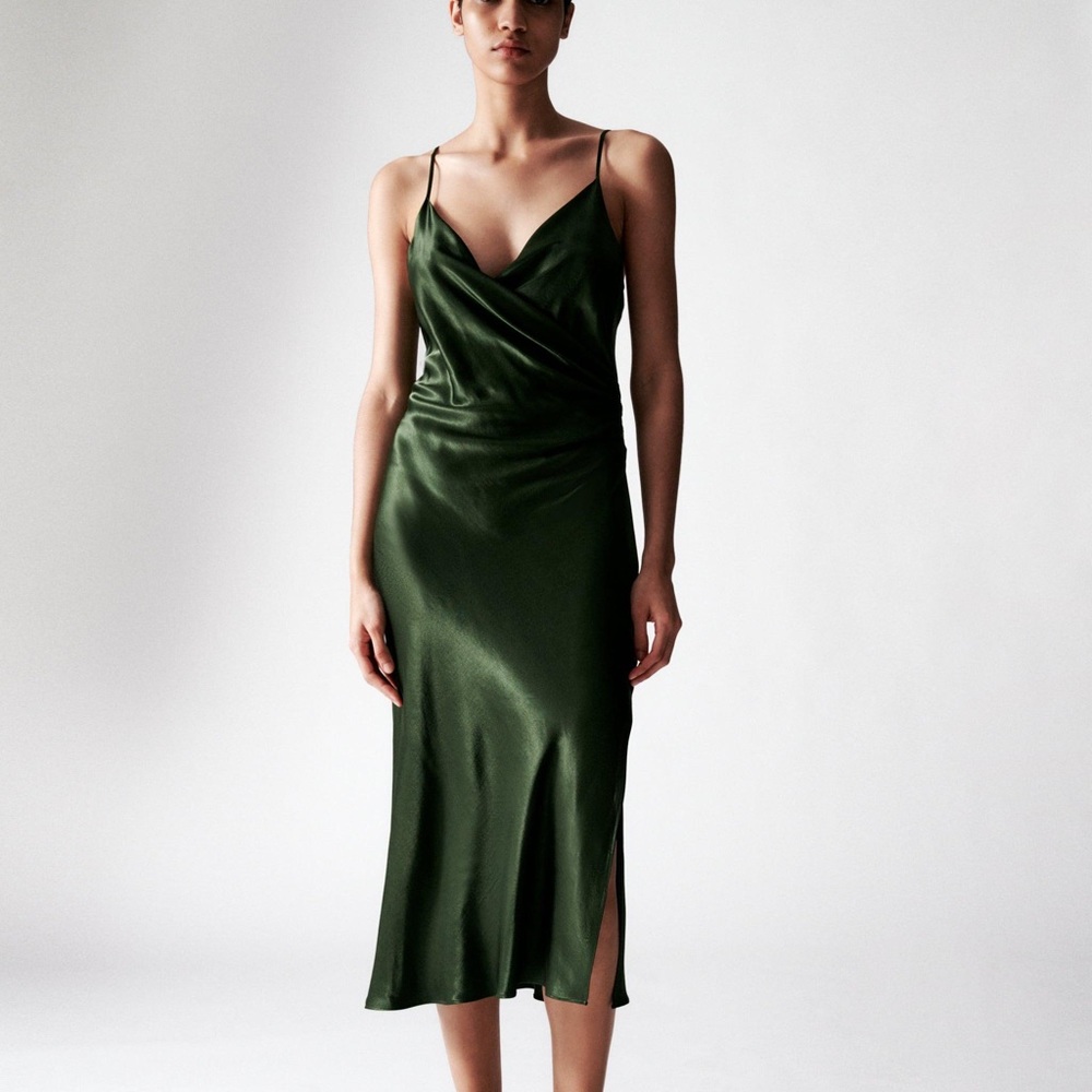 ZARA HUNTER GREEN SATIN SLIT DRESS